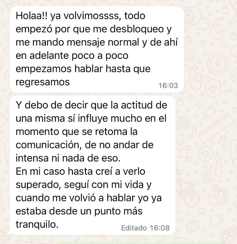 Captura de WhatsApp con el mensaje ya volvimos