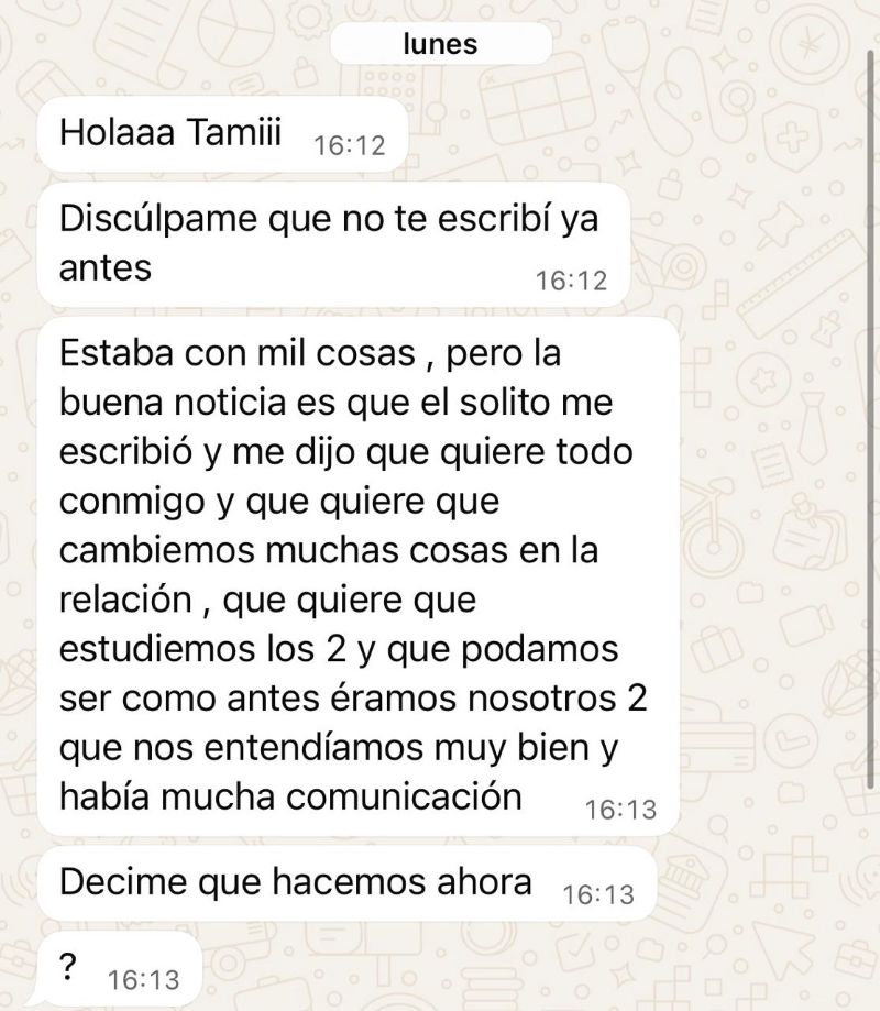 Captura de WhatsApp en la que él retoma el contacto y propone reconstruir la relación